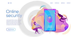 Personal data security in creative flat vector illustration. Online computer or mobile protection system concept. People making