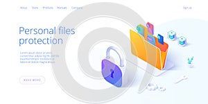 Personal data security in isometric vector illustration. Online file server protection system concept with folder and lock. Secure