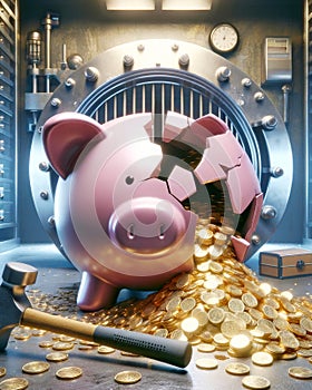 Personal Debt Bubble Broken Piggy Bank Saving Money Banking Global Currency Gold Coins Hammer AI Generated