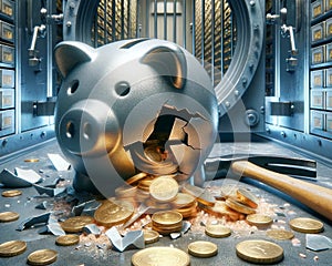 Personal Debt Bubble Broken Piggy Bank Saving Money Banking Global Currency Gold Coins Hammer AI Generated