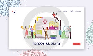 Personal Diary Landing Page Template. Tiny Characters at Huge Organizer Write Notes, Planning Deals, Filling To Do List