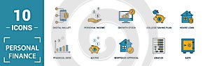 Personal Finance icon set. Include creative elements personal income, personal loan, budgeting, online banking, digital wallet