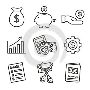 Personal Finance & Responsibility Icon Set with Money, Saving, & Banking options