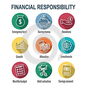 Personal Finance & Responsibility Icon Set with Money, Saving, & Banking options