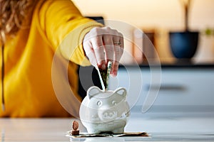 Personal finances, woman putting money into a piggy bank- -wealth and financial concept