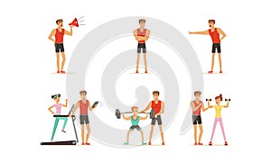 Personal Gym Coach Helping People Characters Training Vector Illustrations Set