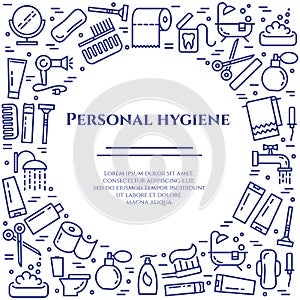 Personal hygiene blue line banner. Set of elements of shower, soap, bathroom, toilet, toothbrush and other cleaning pictograms. Li