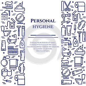 Personal hygiene blue line banner. Set of elements of shower, soap, bathroom, toilet, toothbrush and other cleaning pictograms. Li