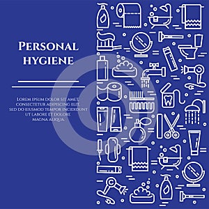 Personal hygiene blue line banner. Set of elements of shower, soap, bathroom, toilet, toothbrush and other cleaning pictograms. Li