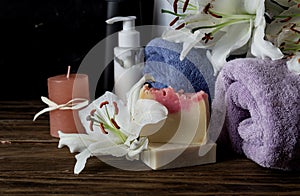 Personal hygiene items for spa, towels on a table close-up
