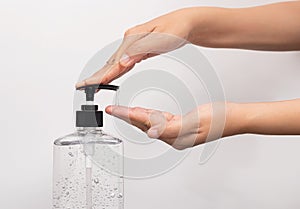 Personal hygiene. people washing hand by hand sanitizer alcohol gel for cleaning and disinfection, prevention of germs photo