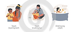Personal hygiene and self-care skills at home isolated cartoon vector illustration set.