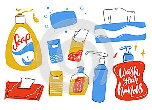 Personal hygiene set. Liquid soap bottle with dispenser, hand sanitizer, wet tissues and paper towel box. Cartoon