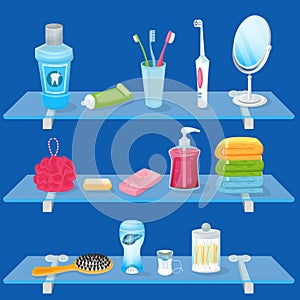 Personal hygiene supplies. Vector illustration. Bathroom glass shelves with soap, toothbrush, toothpaste and hand towels photo