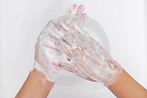 Personal hygiene. washing hands, rubbing hand thoroughly with soap that has a lot of bubbles for cleaning and disinfection