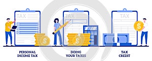 Personal income tax, doing your taxes, tax credit concept with tiny people. Fees paying abstract vector illustration set.