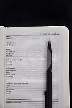 Personal Information Page on Organizer Book