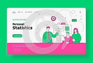 Personal online business statistics home page banner. Managers analyze graph of each clients web income.