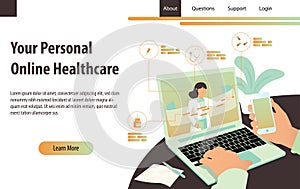 Personal online healthcare concept with doctor doing a consultation. Landing modern page template  illustration. - Vector