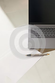 Personal Organizer with Computer Keyboard and Pen Flat Lay Copy Space