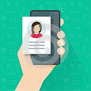 Personal profile credentials data review or account photo with digital candidate information icon on mobile cellular