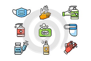 Personal protection equipment icons. Coronavirus, covid 19 prevention items