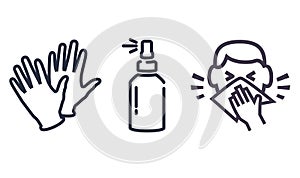 Personal protection equipment icons - medical mask, latex gloves, soap, dispenser, protective glasses. Coronavirus