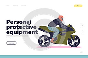 Personal protective equipment concept of landing page with man riding sport motorcycle