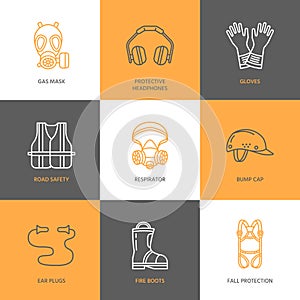 Personal protective equipment line icons. Gas mask, headphones, respirator, bump cap, ear plugs and safety work garment