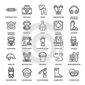 Personal protective equipment line icons. Gas mask, ring buoy, respirator, bump cap, ear plugs and safety work garment