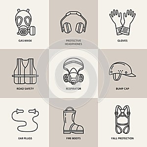 Personal protective equipment line icons. Gas mask, ring buoy, respirator, bump cap, ear plugs and safety work garment