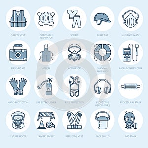 Personal protective equipment line icons. Gas mask, ring buoy, respirator, bump cap, ear plugs and safety work garment