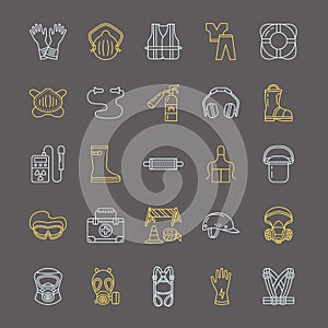 Personal protective equipment line icons. Gas mask, ring buoy, respirator, bump cap, ear plugs and safety work garment