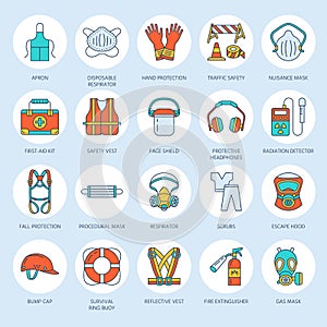 Personal protective equipment line icons. Gas mask, ring buoy, respirator, bump cap, ear plugs and safety work garment photo