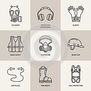 Personal protective equipment line icons. Gas mask, ring buoy, respirator, bump cap, ear plugs and safety work garment photo