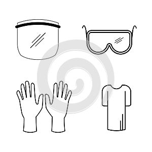 Personal Protective Equipment PPE Set. Various PPE for Covid-19. Face Shield eye goggles gloves gown. EPS vector icons