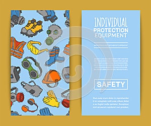 Personal protective equipment for safe work vector illustration. Big sale on health and safety supplies pattern. Best