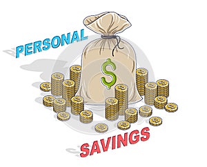 Personal Savings concept, Money Bag with coins cents stacks isolated on white background. Isometric vector business and finance