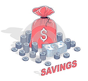 Personal Savings concept, Money Bag with dollar stacks and coins