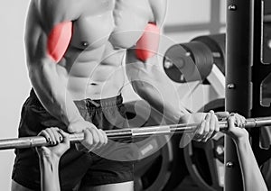 Personal trainer with barbell flexing muscles in gym