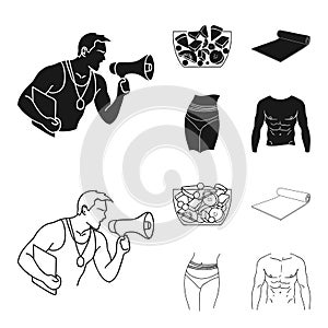 Personal trainer, fruit salad, mat, female waist. Fitnes set collection icons in black,outline style vector symbol stock