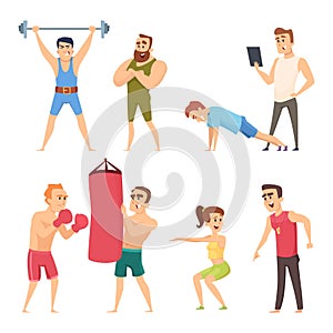 Personal trainer in gym. Vector set characters