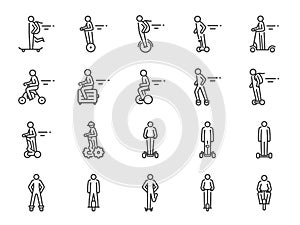 Personal transportation icon set. Included icons as skateboard, longboard, hoverboard, People riding segway, electric mono wheel,