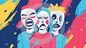 Personality banners with sad people dressed as happy masks concealing the faces of sad people. Impostor syndrome photo