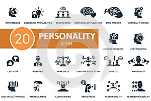 Personality icons set. Creative icons: open-minded, unlocking new abilities, shared mind, emotional intelligence, mind
