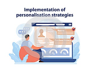 Personalization Strategy Implementation. Marketer optimizing customer profiles for targeted experiences.