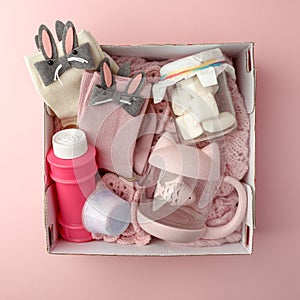 A personalized box with gifts for Valentine`s Day, a set of cute things, a simple idea for a romantic gift for a girl.