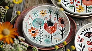 A personalized ceramic plate with a whimsical handdrawn design achieved through the freehand technique. photo