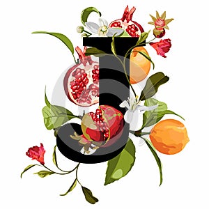 Personalized flower alphabet. Stylish letter `J` decorated with orange fruits, flowers and pomegranate.