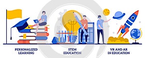 Personalized learning, stem education, VR and AR in education concept with tiny people. Futuristic technology abstract vector